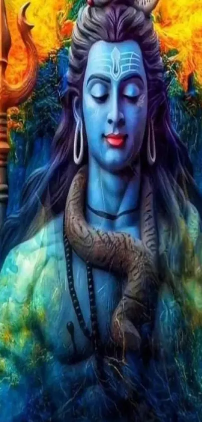 Colorful depiction of Lord Shiva with trident and snake in vibrant hues.