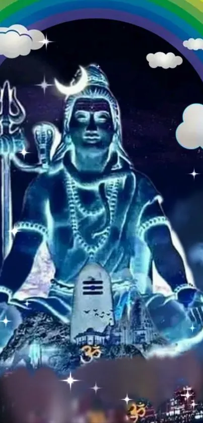 Colorful Lord Shiva wallpaper with rainbow and clouds.