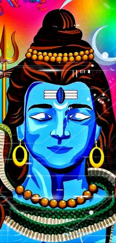 Colorful Lord Shiva mobile wallpaper with blue tones and spiritual elements.