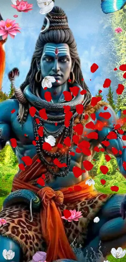 Vibrant Lord Shiva with colorful flowers and lush green background.