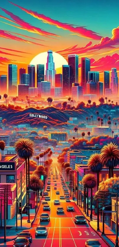 Vibrant illustration of Los Angeles skyline at sunset with colorful sky and city lights.