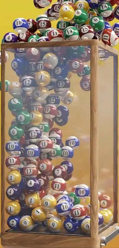 Colorful lottery balls cascading in a glass case with vibrant background.