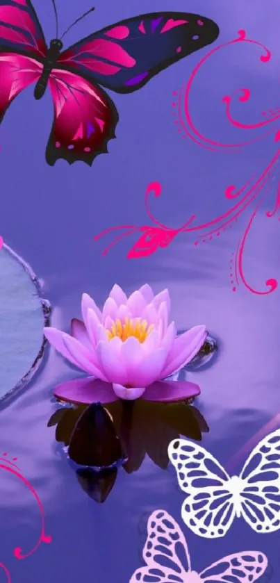 Purple wallpaper with lotus and butterflies.