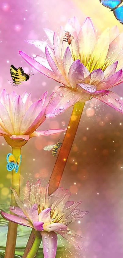 Lotus flowers with butterflies on a dreamy pink background.