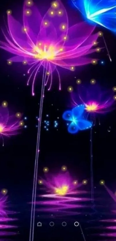 Vibrant neon lotus flowers with blue butterflies on dark background.