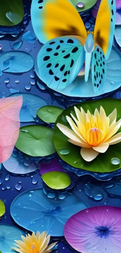 Vibrant wallpaper of lotus flowers with butterfly.