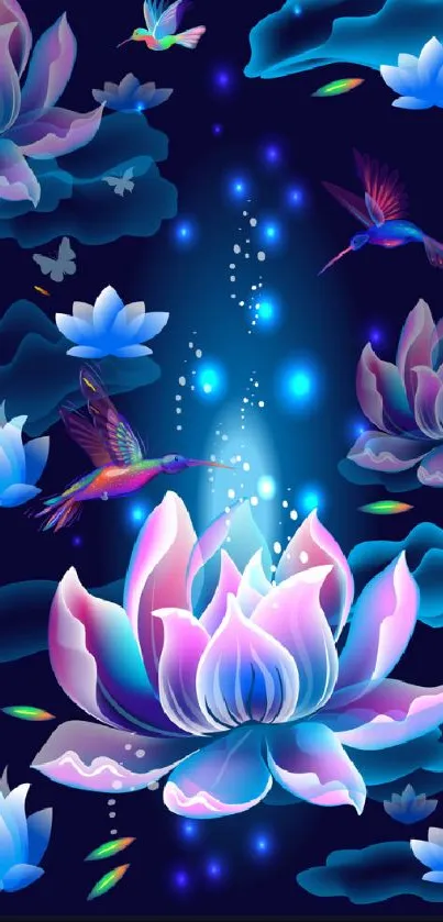 Vivid lotus flowers and hummingbirds in a mystical night sky wallpaper.