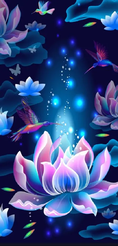 Vibrant digital wallpaper with lotus flowers and hummingbirds against a dark blue background.