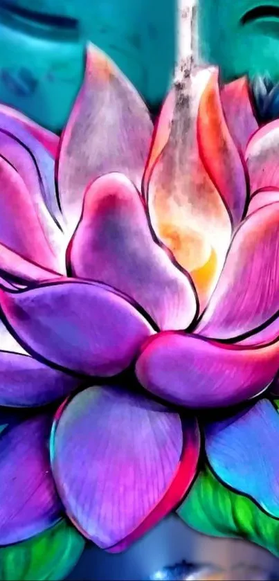 Vibrant lotus art with purple, pink, and blue hues as a mobile wallpaper.