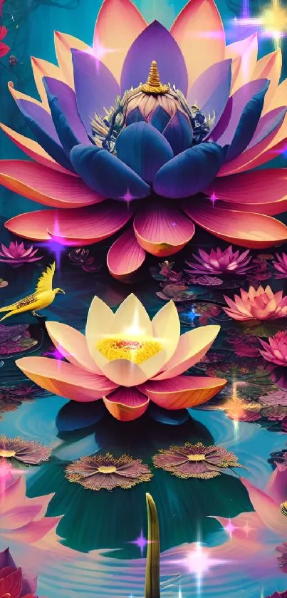 Vibrant lotus flowers with colorful reflections.