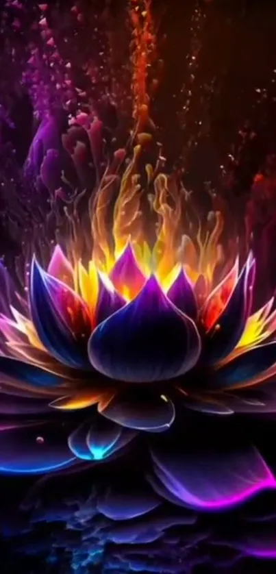 Vibrant neon lotus bloom on black background.