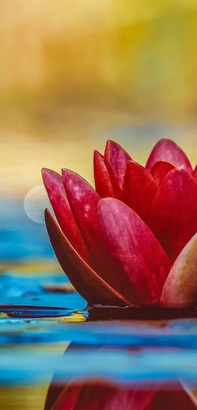 Close-up of a vibrant red lotus bloom on water reflecting sunlight.