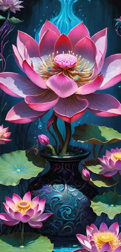 Vibrant lotus flower in a decorative vase, beautifully detailed.