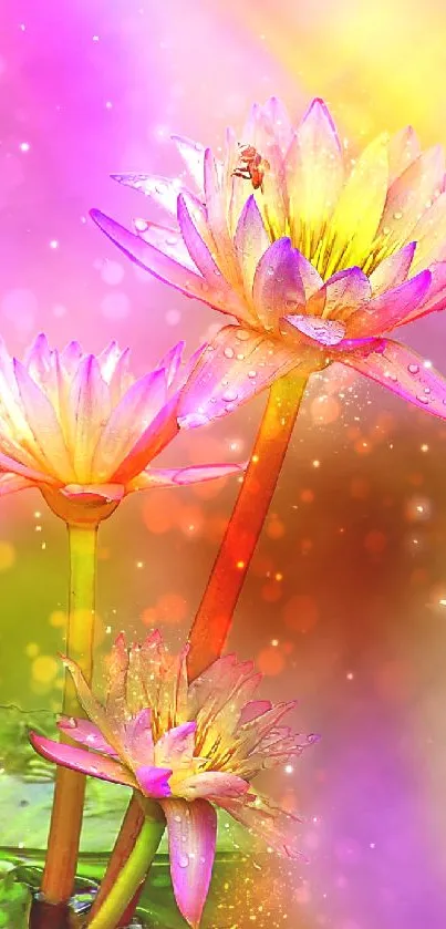 Vibrant lotus flowers with pink and orange hues set against a dreamy background.