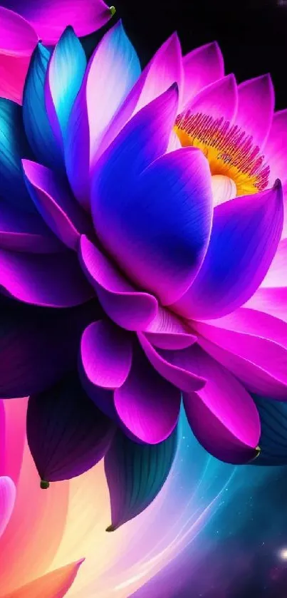 Colorful lotus flower with vibrant petals against a starry background.