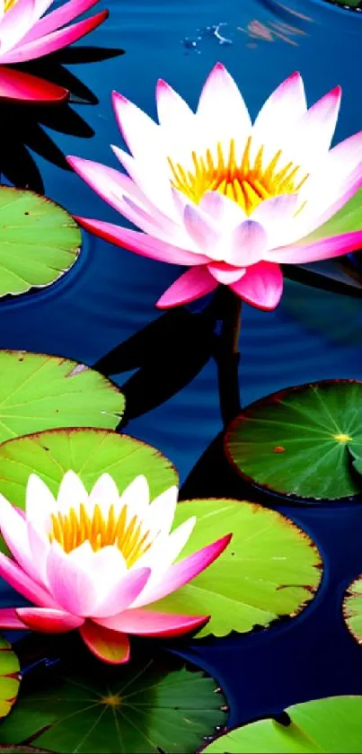 Vibrant lotus blossoms with green lily pads.