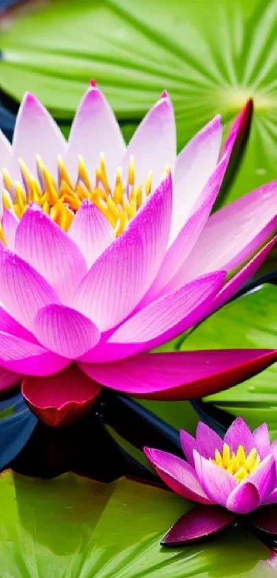 Vibrant pink lotus flower with green lily pads wallpaper.