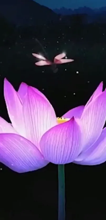 Purple lotus flower glowing in the dark with sparkles and butterfly.