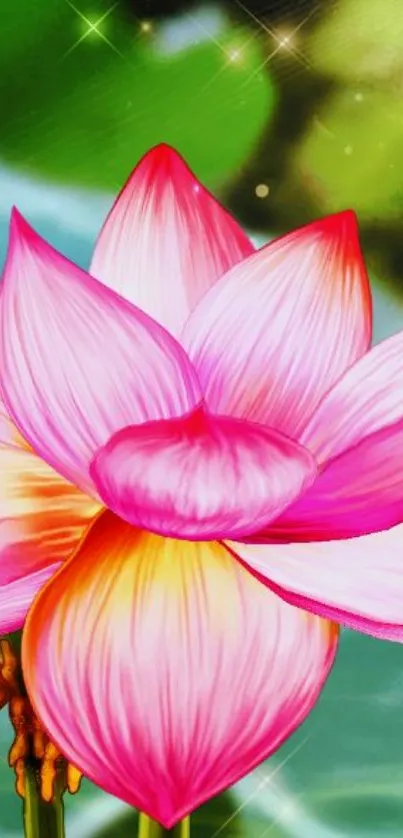 Vibrant pink lotus blossom and green leaves with a serene background.