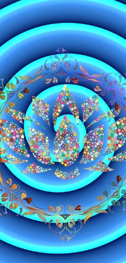 Vibrant lotus design with blue concentric circles.