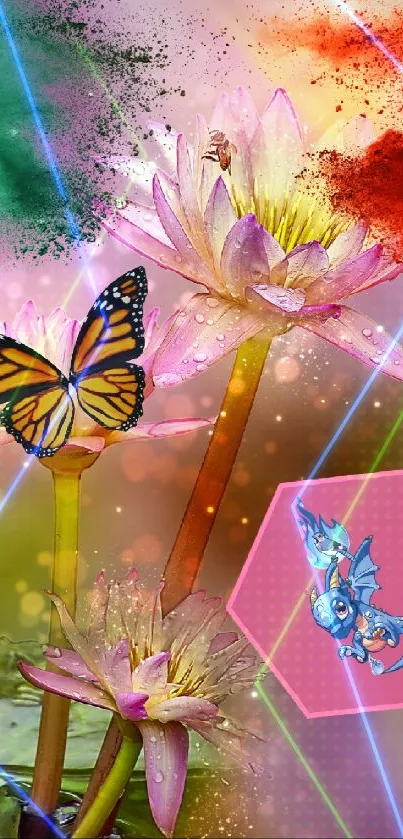 Colorful lotus flowers with butterfly and dragon art design.