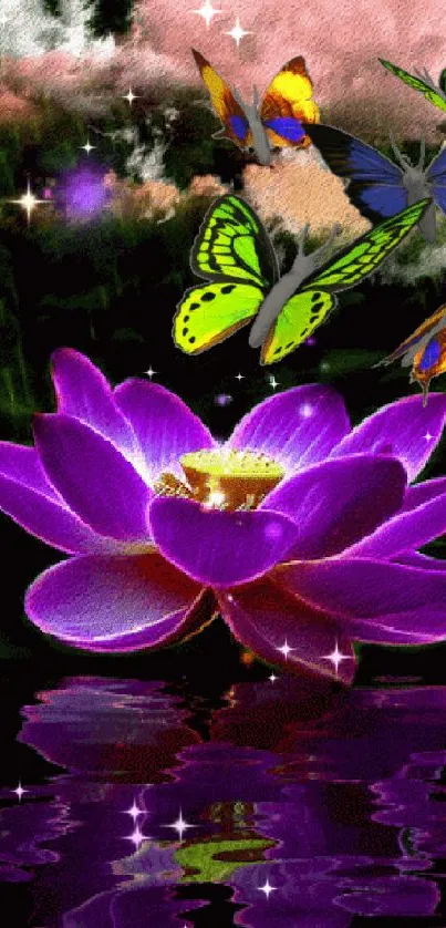 Purple lotus with colorful butterflies above.