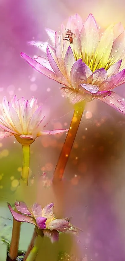 Vibrant lotus with bokeh and water droplets, captured in serene beauty.