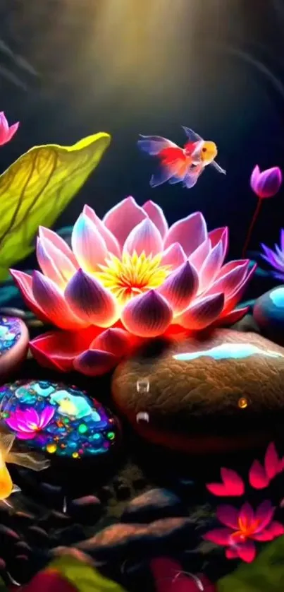 Vibrant fantasy wallpaper with glowing lotus, colorful fish, and stones.