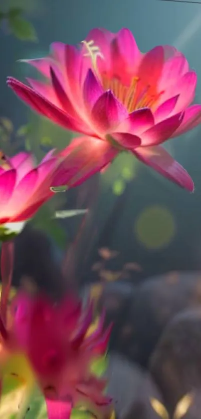 Mobile wallpaper featuring vibrant pink lotus flowers with a serene background.