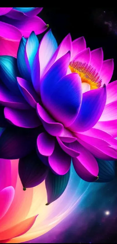 Colorful lotus flower against cosmic background, vibrant and artistic design.