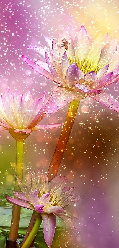 Pink lotus flowers on a colorful backdrop.