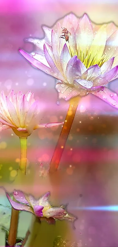 Vibrant lotus flowers with a mystical glow and pink hues in a serene composition.