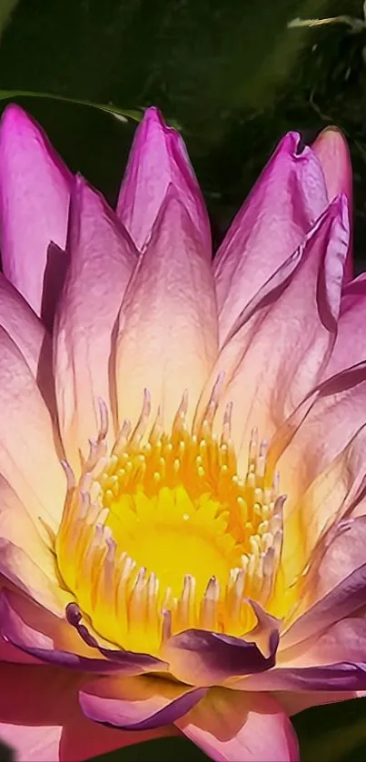 Beautiful pink and yellow lotus flower in full bloom with green background.