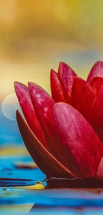 Vibrant red lotus flower over blue water background.