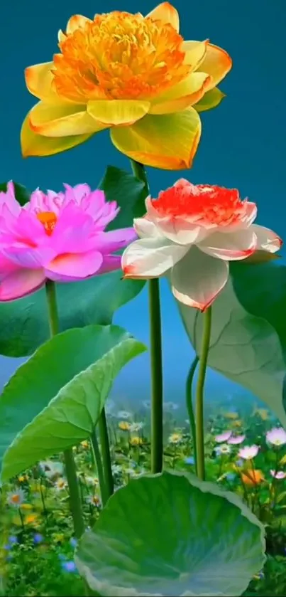 Vibrant lotus flowers with a cyan backdrop.