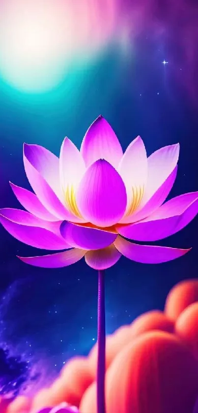 Vibrant pink lotus against a purple galaxy backdrop with cosmic elements.