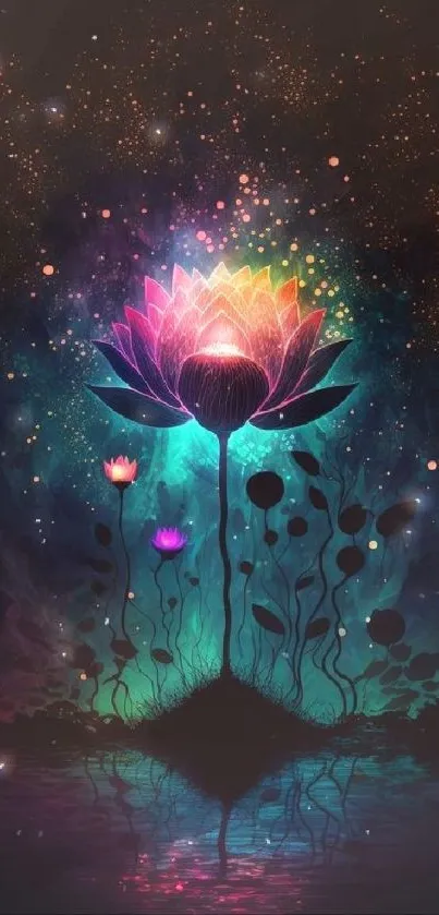 Vibrant lotus flower glowing in mystical colors against a dark background.