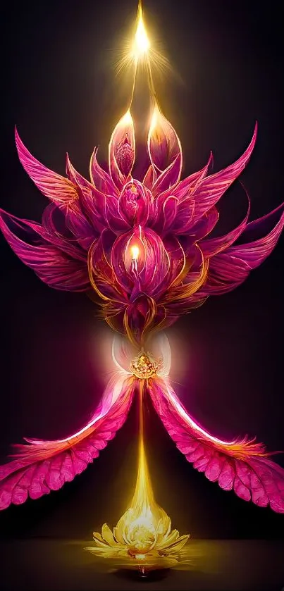 Glowing pink lotus with golden accents in a mystical design.