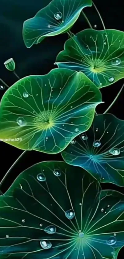 Abstract vibrant lotus leaves with water droplets.