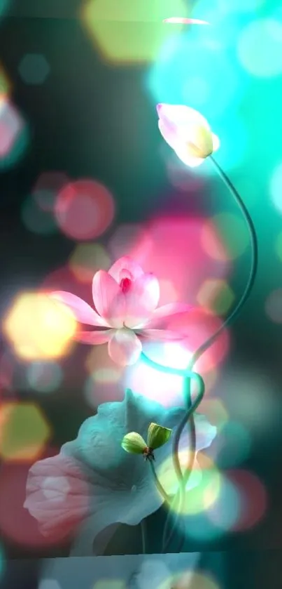 Vibrant lotus with bokeh effects wallpaper with teal and pastel hues.