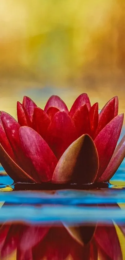 Red lotus flower on water with blurred background.