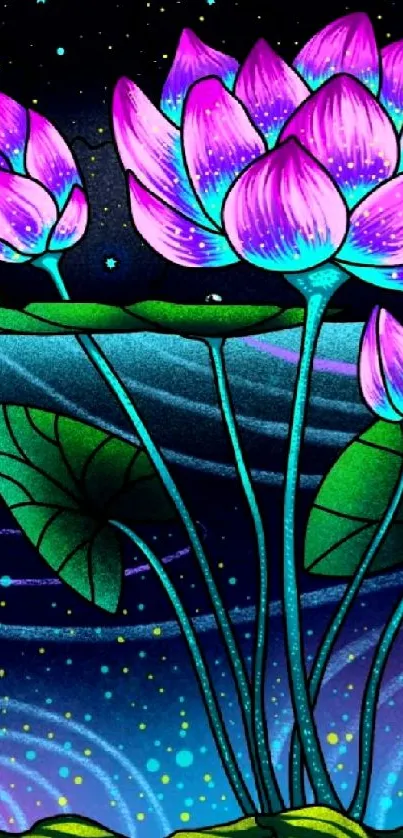 Colorful lotus flowers under a starry night sky in purple hues