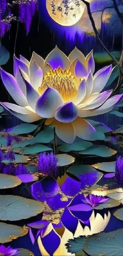 Vibrant lotus flower on a purple pond during a moonlit night.