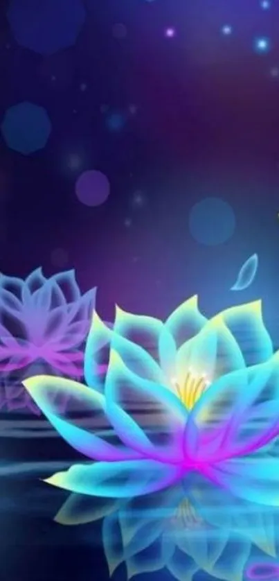 Vibrant lotus flowers glowing at night on a serene water surface with a starry sky.