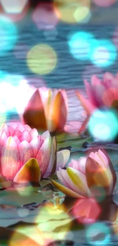 Vibrant lotus flowers with bokeh effect on water.