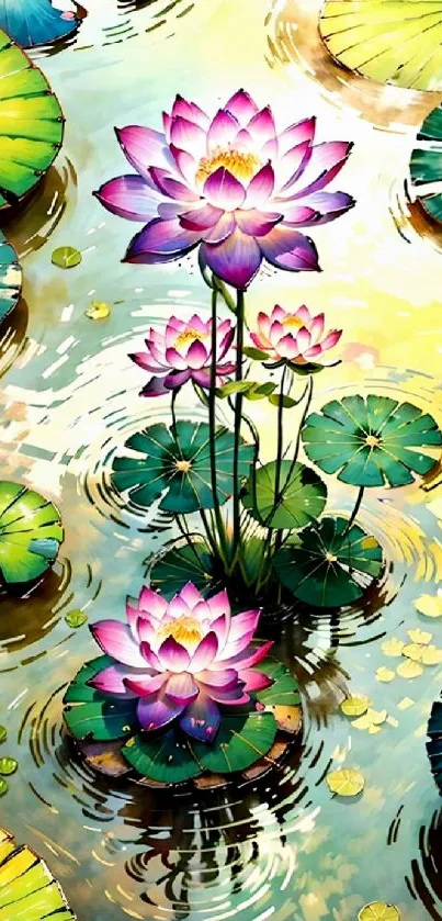 Vibrant lotus flowers with lush lily pads on a tranquil pond background.