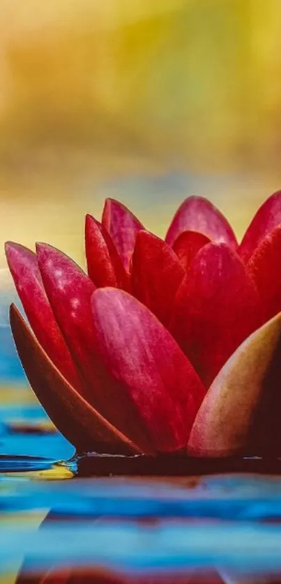 Vibrant red lotus flower on water with a colorful blurred background.