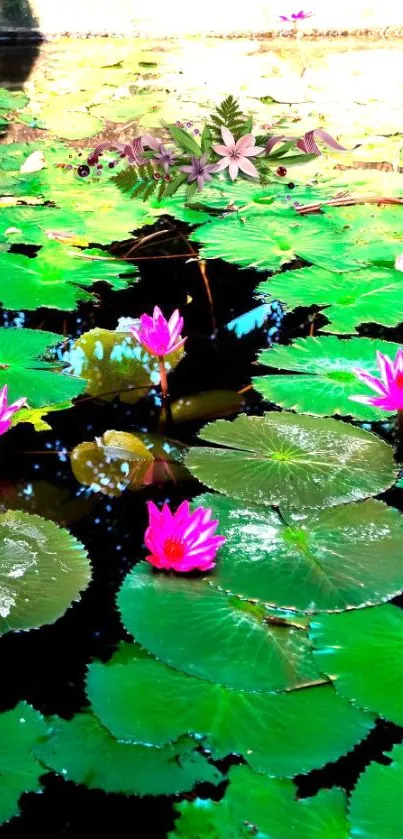 Vibrant lotus flowers in a serene pond.