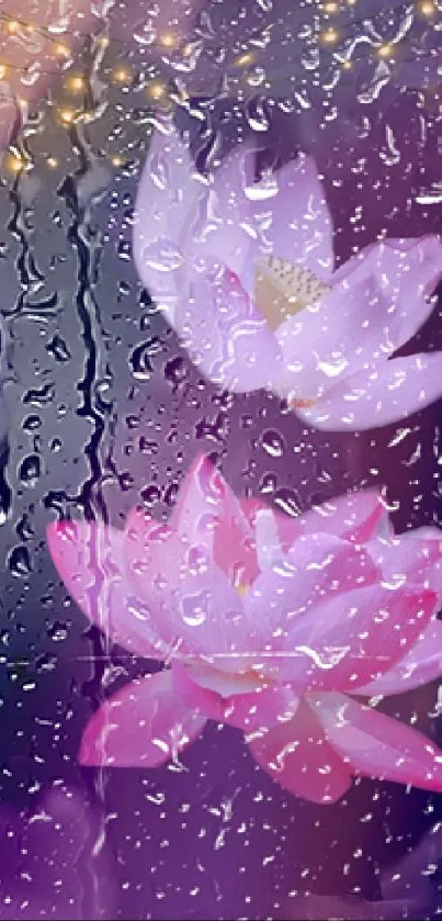 Lotus flowers with rain droplets on a purple background.