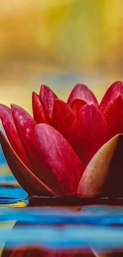 Crimson red lotus flower on tranquil water background.